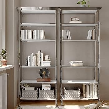 Bookshelf Six-Tier Polished Silver White Shelving Modern Glam Styling