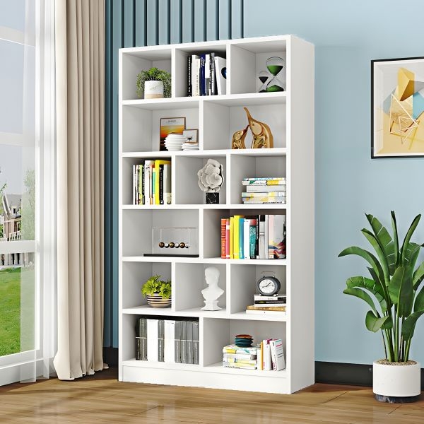 Bookshelf Six Tier Storage Tall Vertical Silhouette White