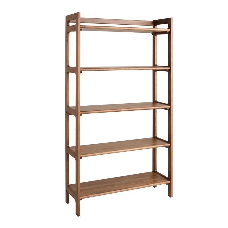 Bookshelf Staggered Shelves Asymmetrical Design Warm Walnut Tone