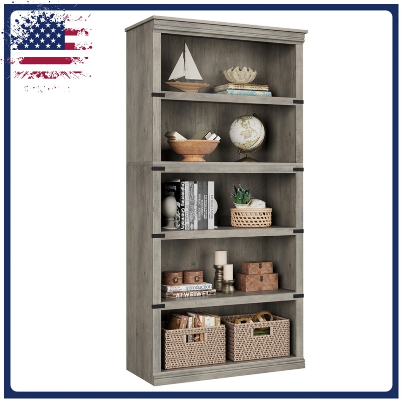 Bookshelf Tall Rustic Wood Matte Oak Finish 5-Tier Open Back