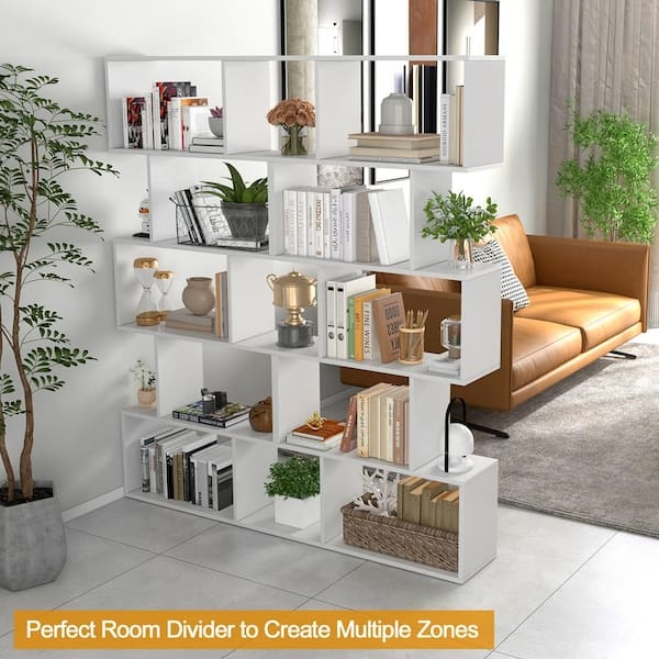 Bookshelf White Geometric S-Shaped 5-Tier Modern Open Bookcase