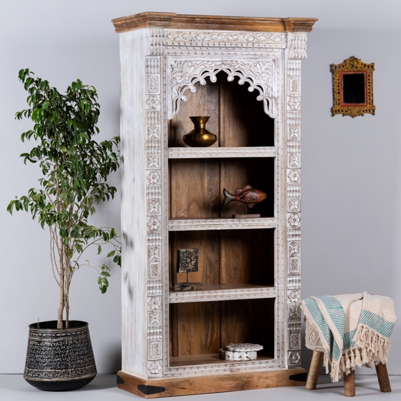 Bookshelf Whitewashed Distressed Finish Floral Motifs Carved White