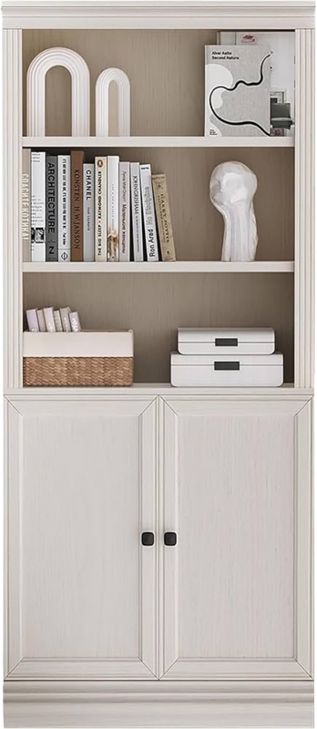 Bookshelf with Cabinet, Cream Finish featuring Arched Door Detailing