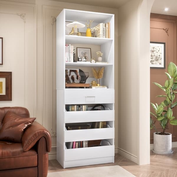 Bookshelf with Charging Station, Black and Wood Drawers for Home Office