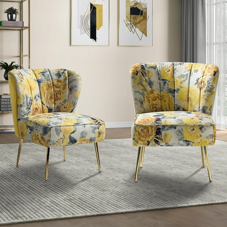 Botanical Floral Accent Chairs with Gold Tapered Legs (Pair)