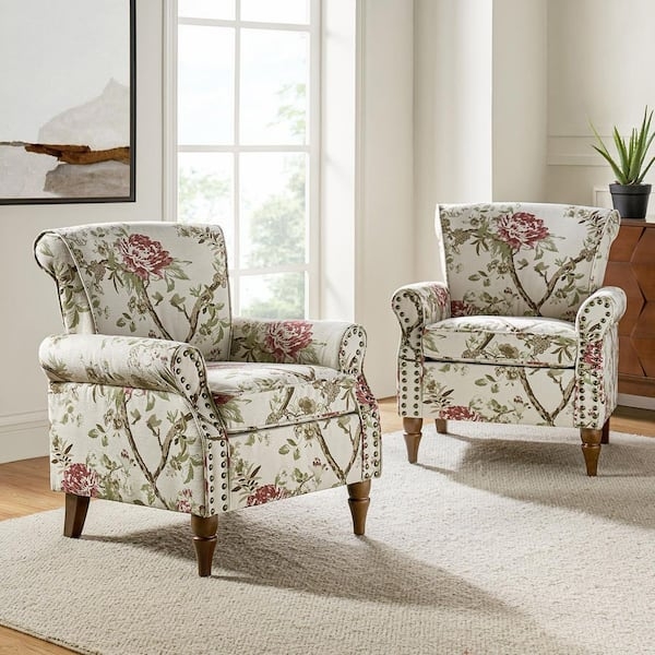 Botanical Floral Armchair Set with Nailhead Trim and Turned Legs