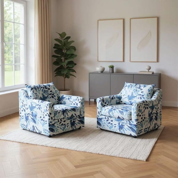 Botanical Print Chair Blue Swivel Functionality Barrel Silhouette