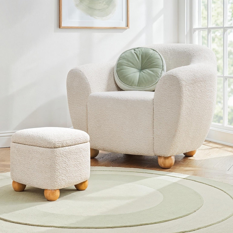 Boucle Accent Chair, Contemporary Ivory with Curved Back & Storage Ottoman