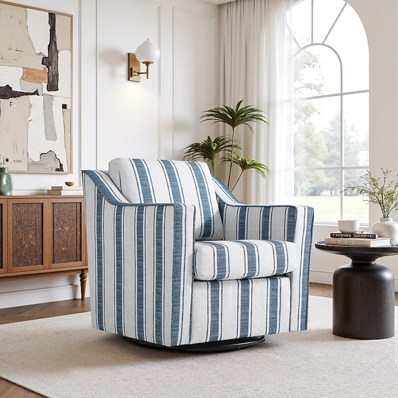 Boucle Accent Chair White Texture Wood Swivel Base Modern