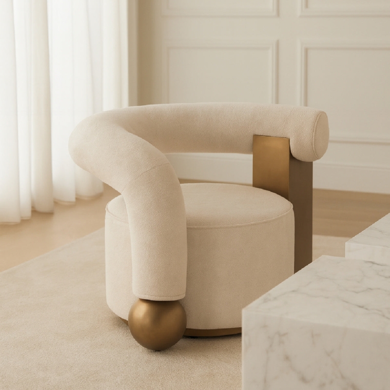 Boucle Accent Chair with Antique Brass and Wrap Around Frame