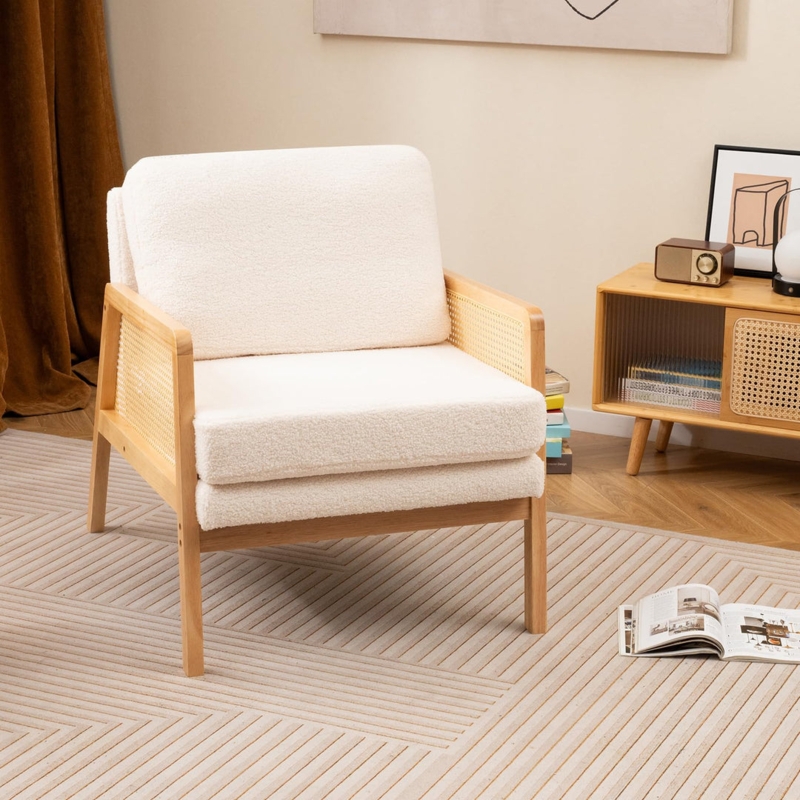 Boucle Accent Chair with Rattan Arms, Bentwood Frame Mid Century Cream