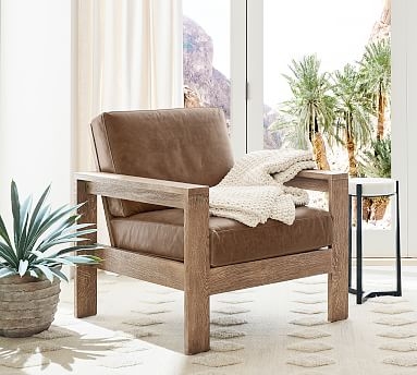 Bourbon Leather Accent Chair Architectural Wood Frame Deep Cushions