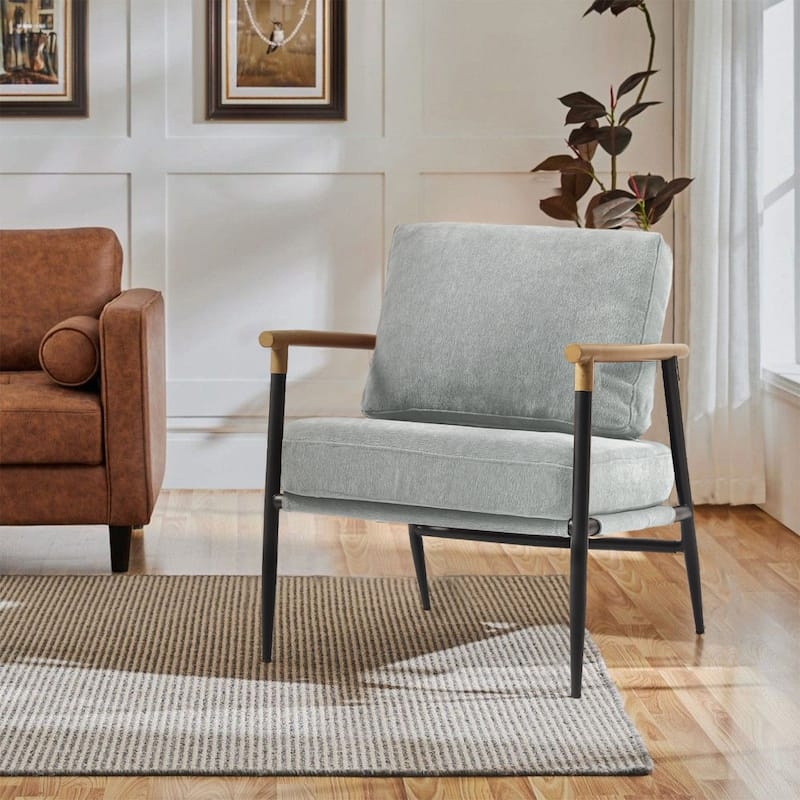 Boxy Industrial Accent Chair Beige Chenille Texture Padded Arms