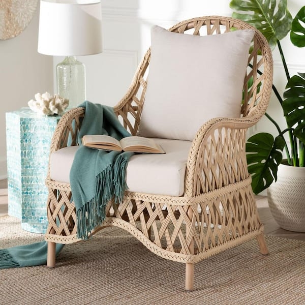 Braided Rattan Accent Chair Natural Finish Ivory Cushions Coastal