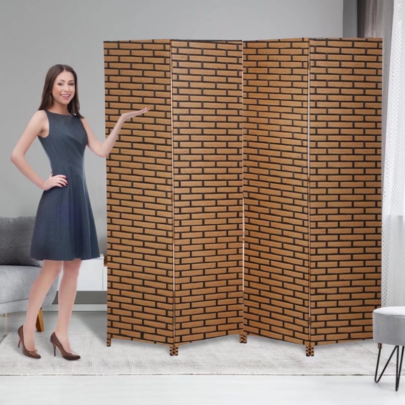 Brick Pattern Room Divider Wood Toned Folding Partition