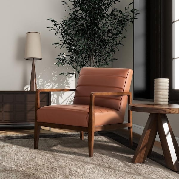 Brown Leather Barrel Chair with Tufted Seat Cushion