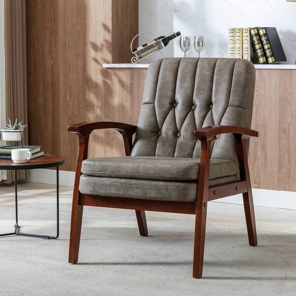 Brown Leather-Look Accent Chair Continuous Wood Frame