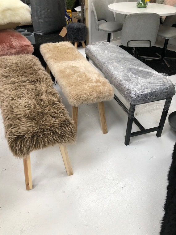 Brown Shaggy Sheepskin Bench Tapered Wood Legs Rustic