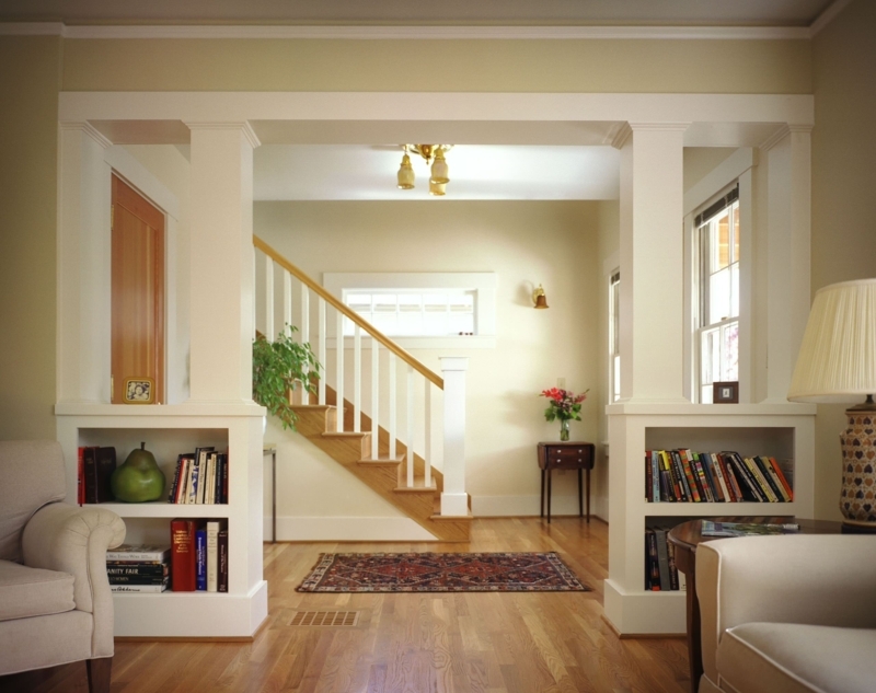 Built-In Room Divider White Craftsman Style Entryway Columns Shelving