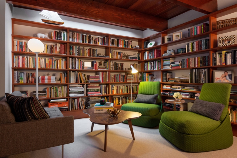 Built-In Walnut Bookcase with Rolling Library Ladder and Desk