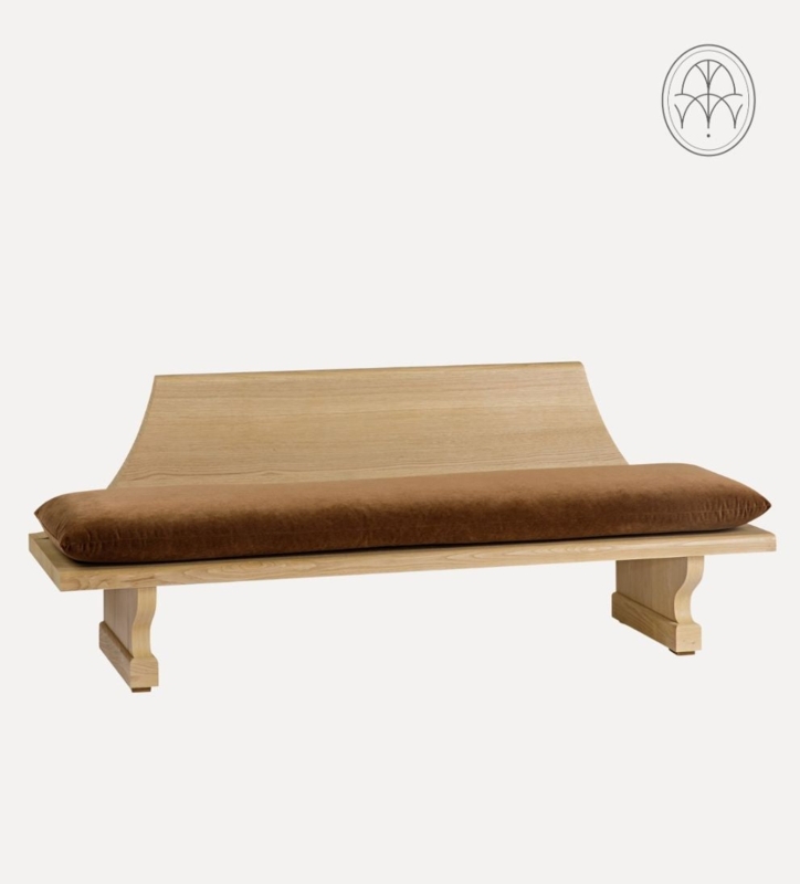 Burgundy Velvet Bench with Sculptural Cream Stone Pedestal Legs