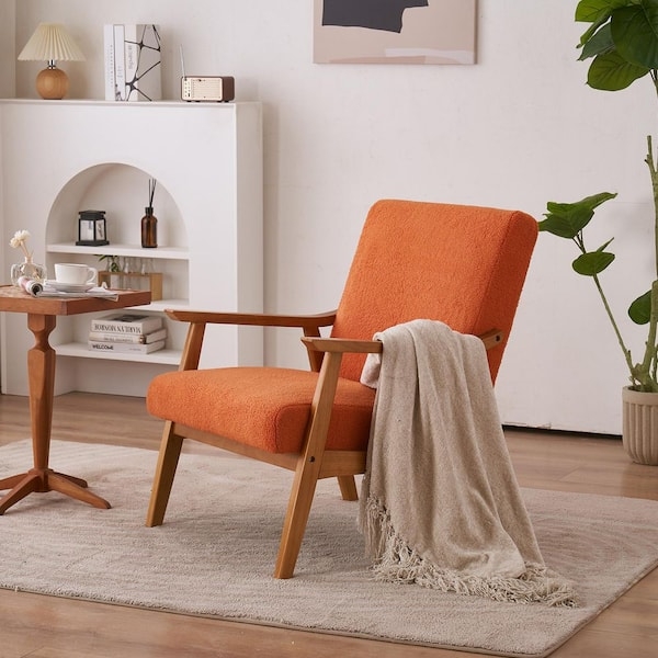 Burnt Orange Bouclé Accent Chair, Solid Wood Armrests, Mid-Century Style