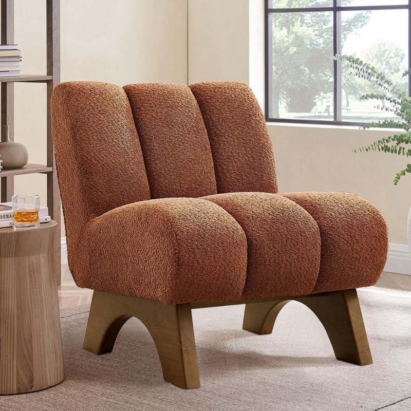 Burnt Orange Fabric Slipper Chair, Armless Design, Tapered Wood Legs