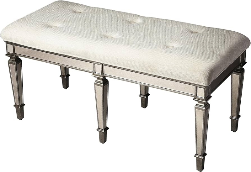 - Butler Specialty Mirrored Tufted Bench in Ivory and Pewter -  Table Benches