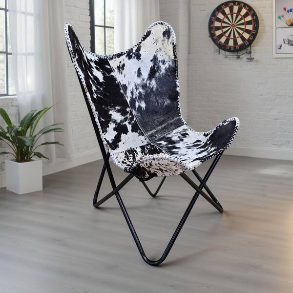 Butterfly Chair Black and White Cowhide Sling Frame