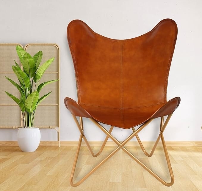 Butterfly Chair Diamond Quilted Cognac Leather-like Gold Frame
