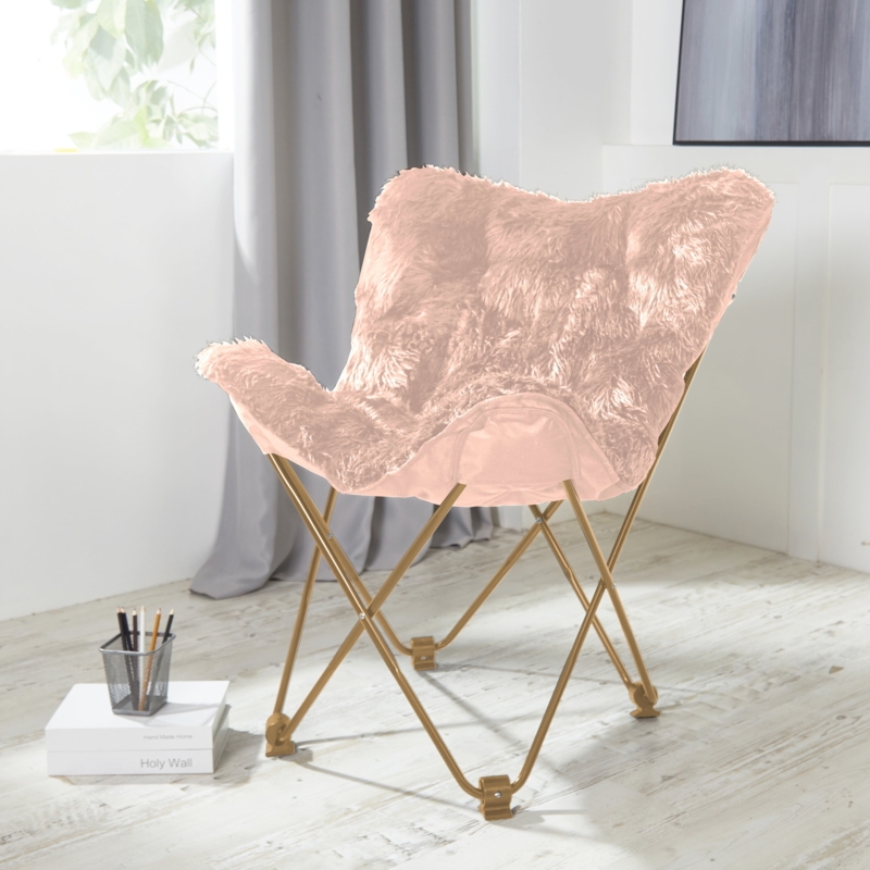 Butterfly Chair Off-White Shaggy Faux Fur Folding Frame