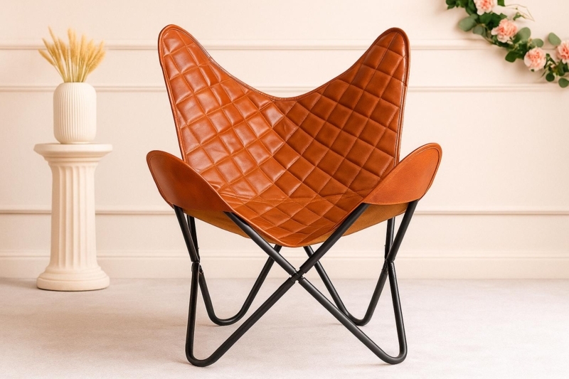 Butterfly Chair Pair Tan Leather-like Black Metal Frame