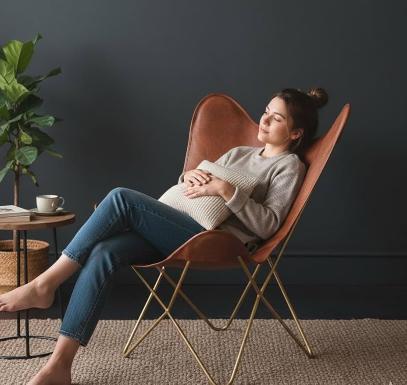Butterfly Chair Saddle Brown Leather-like Polished Gold Frame