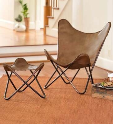 Butterfly Chair Set Tan Leather-like with Matching Footstool