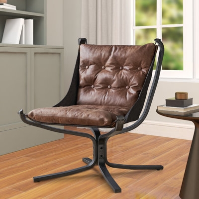 Butterfly Chair Tan Leather-Like Sling Seat X-Frame Base Industrial Style