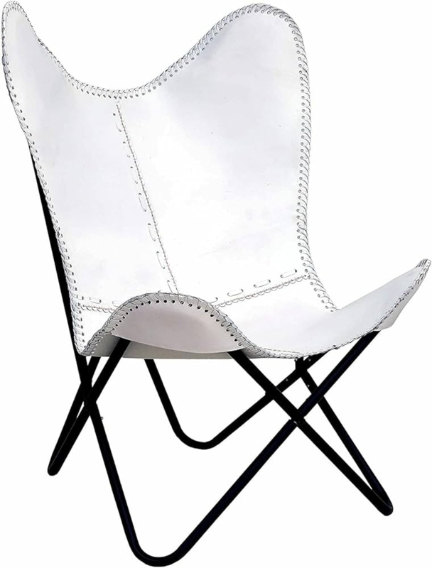 Butterfly Chair White Folding Base Cognac Sling Seat