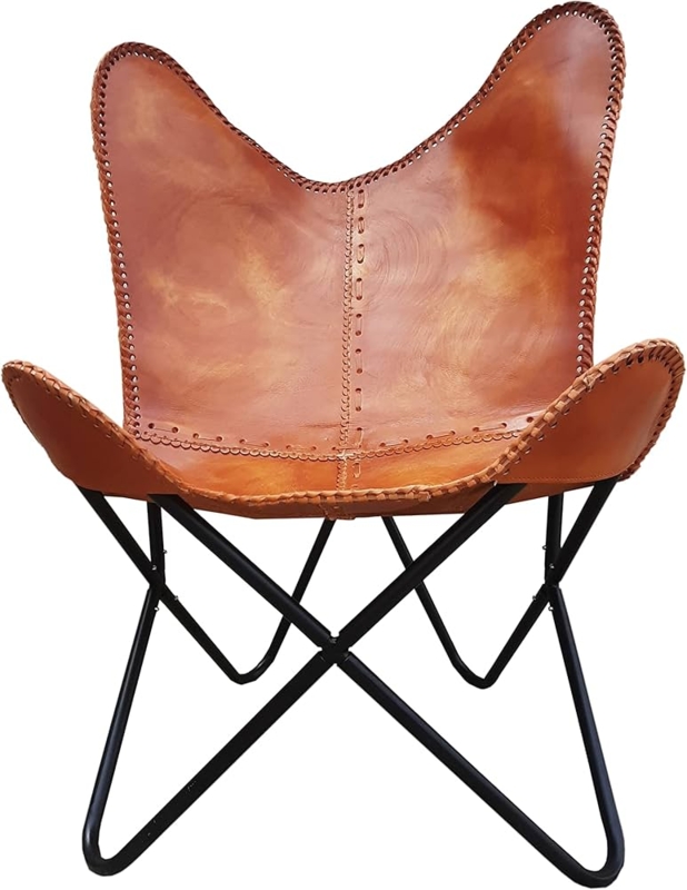 Butterfly Chair with Whipstitch Edges Tan Leather-like Folding