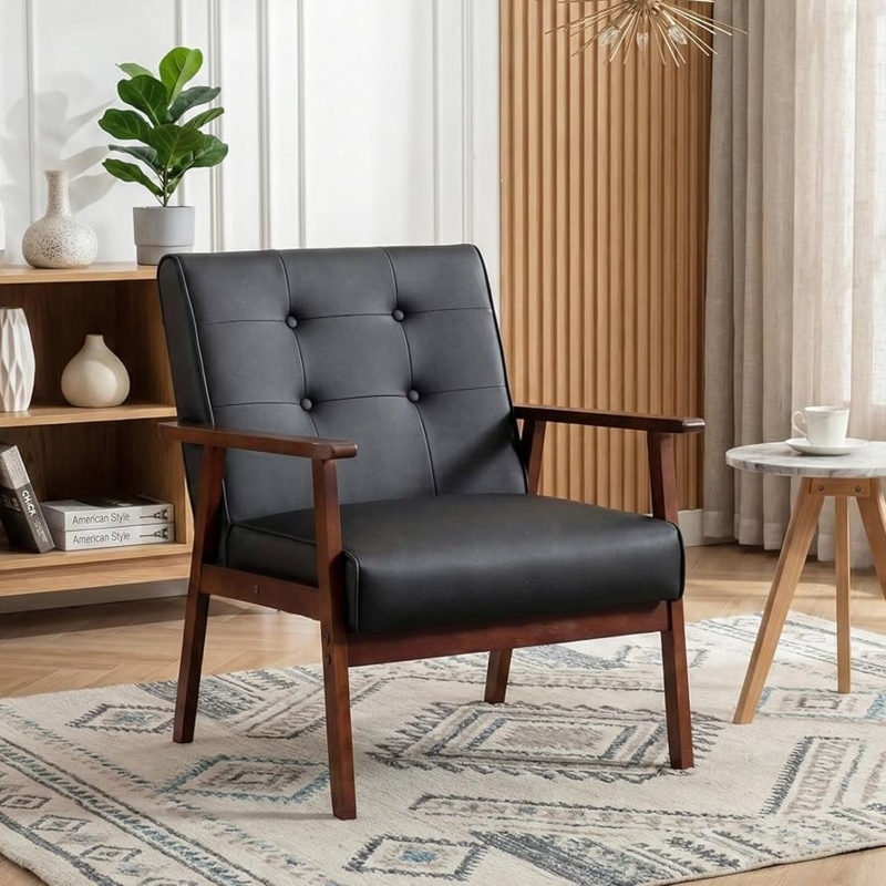 Button Tufted Accent Chair Mid Century Beige Wood Frame