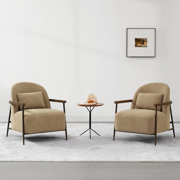 Camel Boucle Accent Chairs with Curved Wood Frame and Black Metal Legs