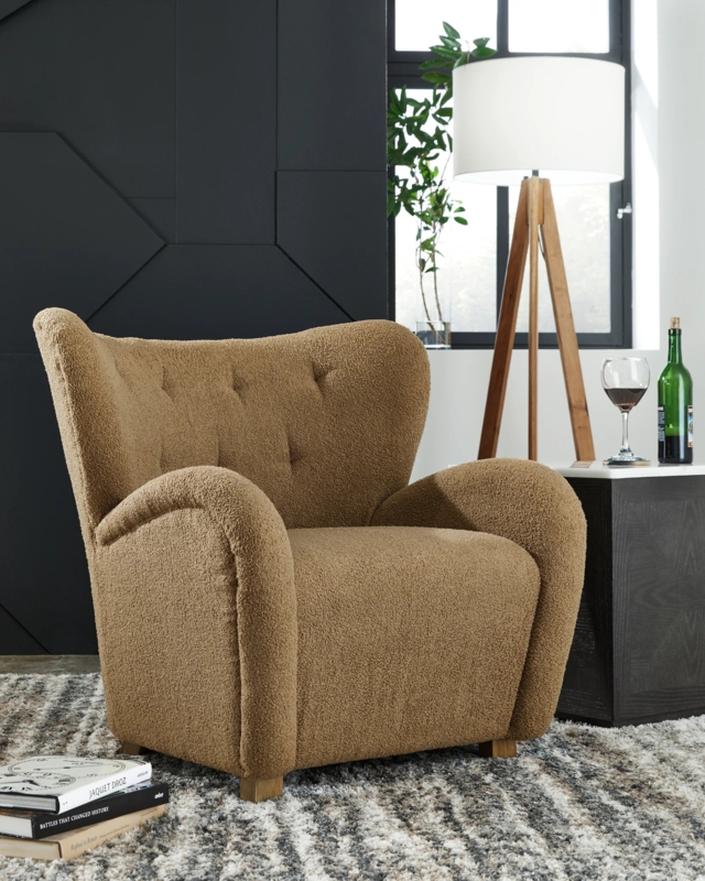 Camel Boucle Barrel Accent Chair with Sculptural Back and Tapered Legs