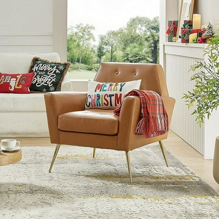 Camel Faux Leather Accent Chair with Gold Legs and Button Tufting