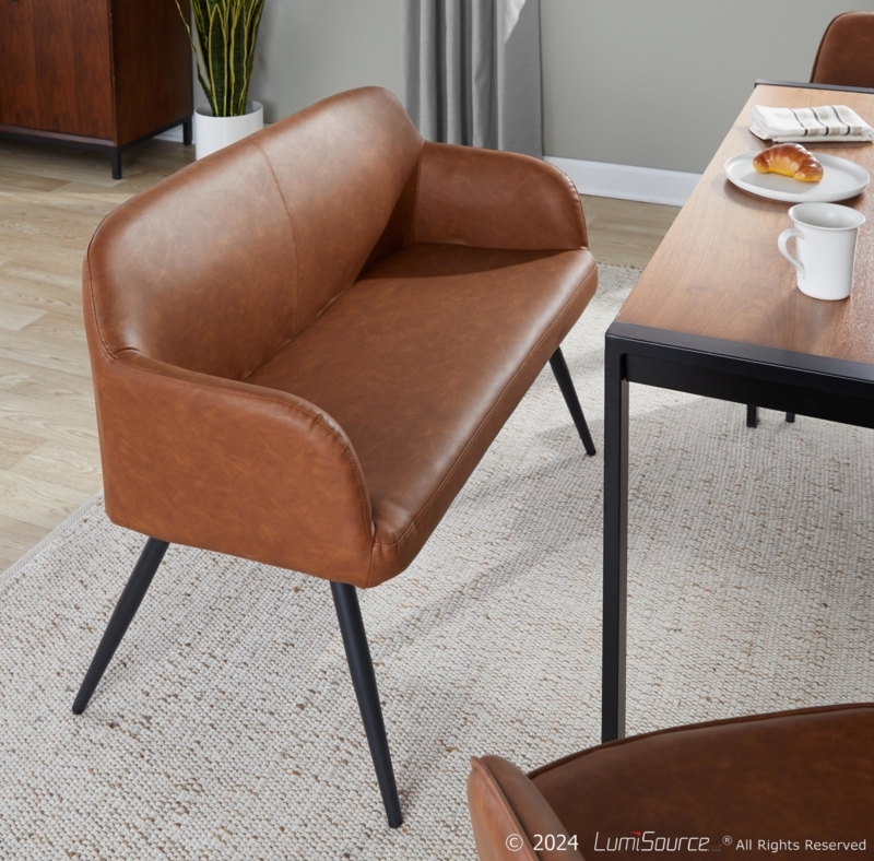 Camel Faux Leather Seating, High Back Dining Bench with Splayed Black Legs