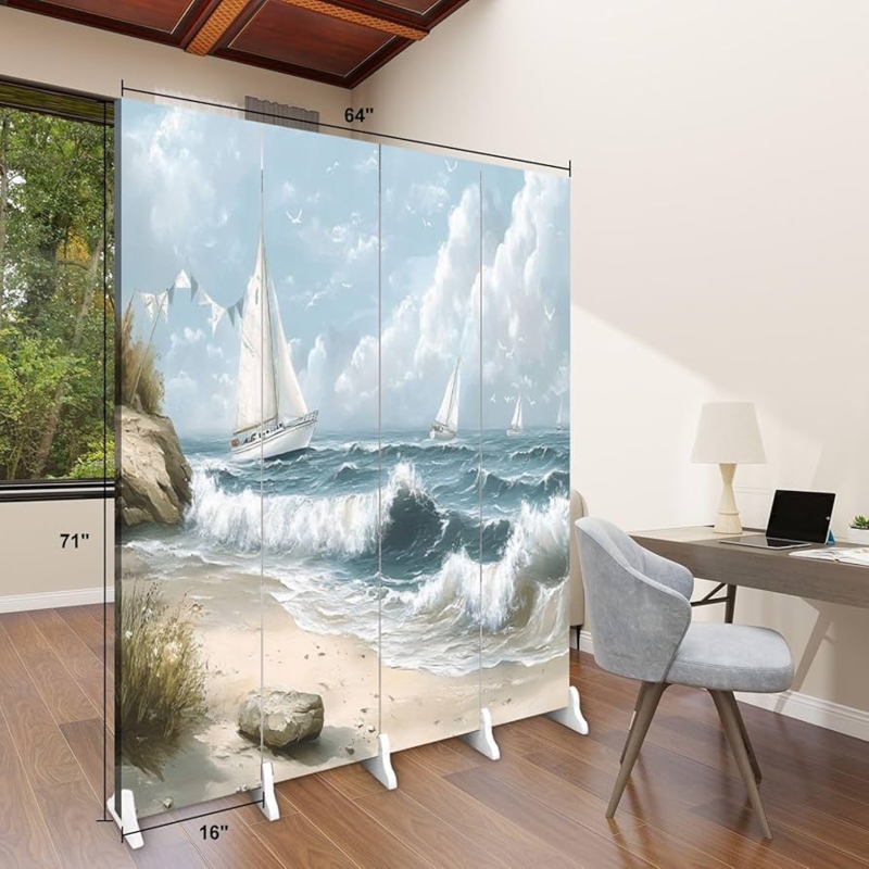Canvas Room Divider with Seascape Artwork. 4-Panel Ocean Wave Screen.