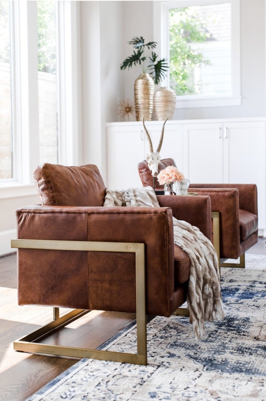 Caramel Leather Accent Chair Slim Silhouette Mid-Century Modern Style