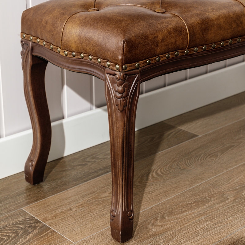 Carved Bench Cognac Faux Leather Bronze Nailhead Trim Cabriole Legs