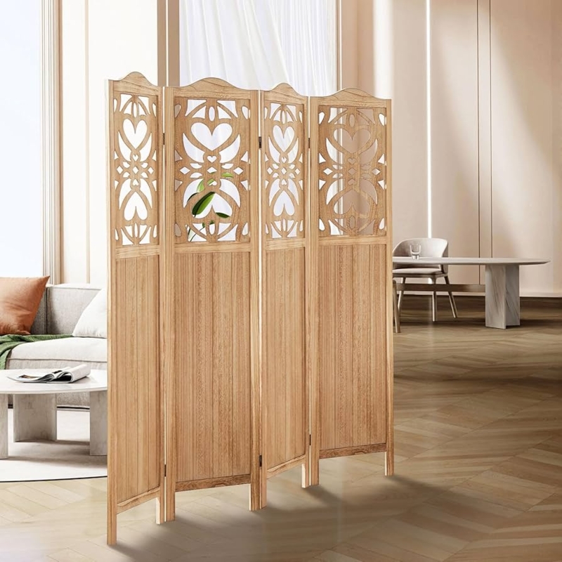 Carved Heart Room Divider Light Wood Rustic Folding Screen