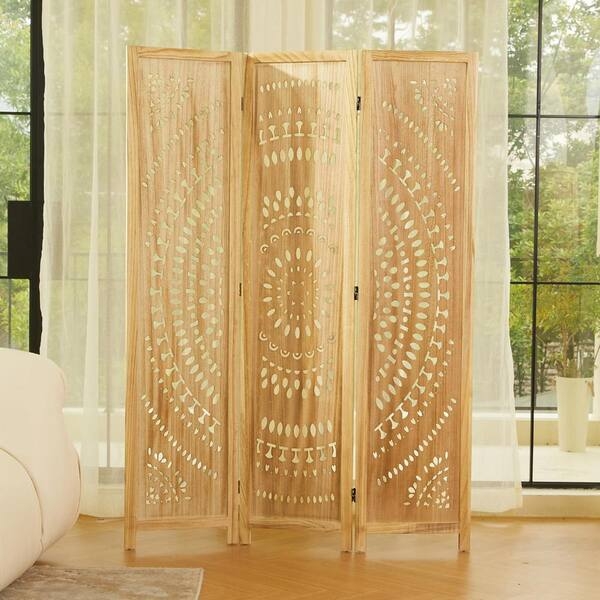 Carved Mandala Room Divider Natural Wood Bohemian Folding Screen