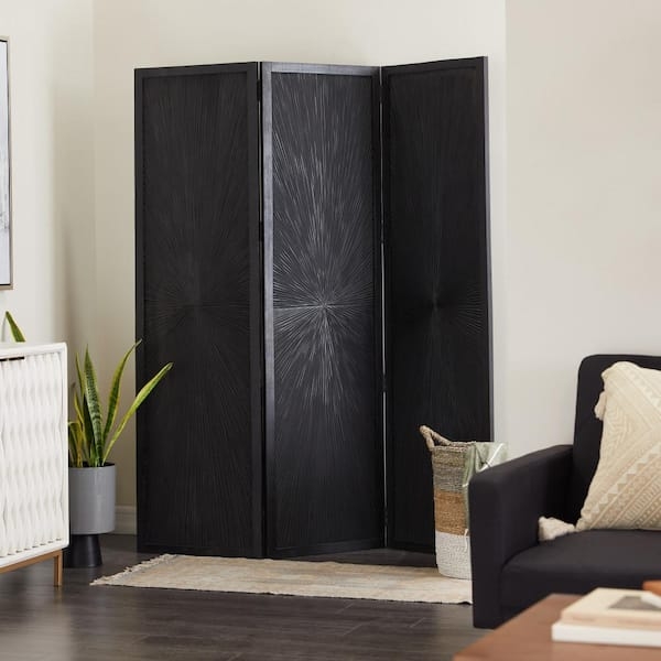 Carved Room Divider Black Matte Finish Sunburst Radial Pattern