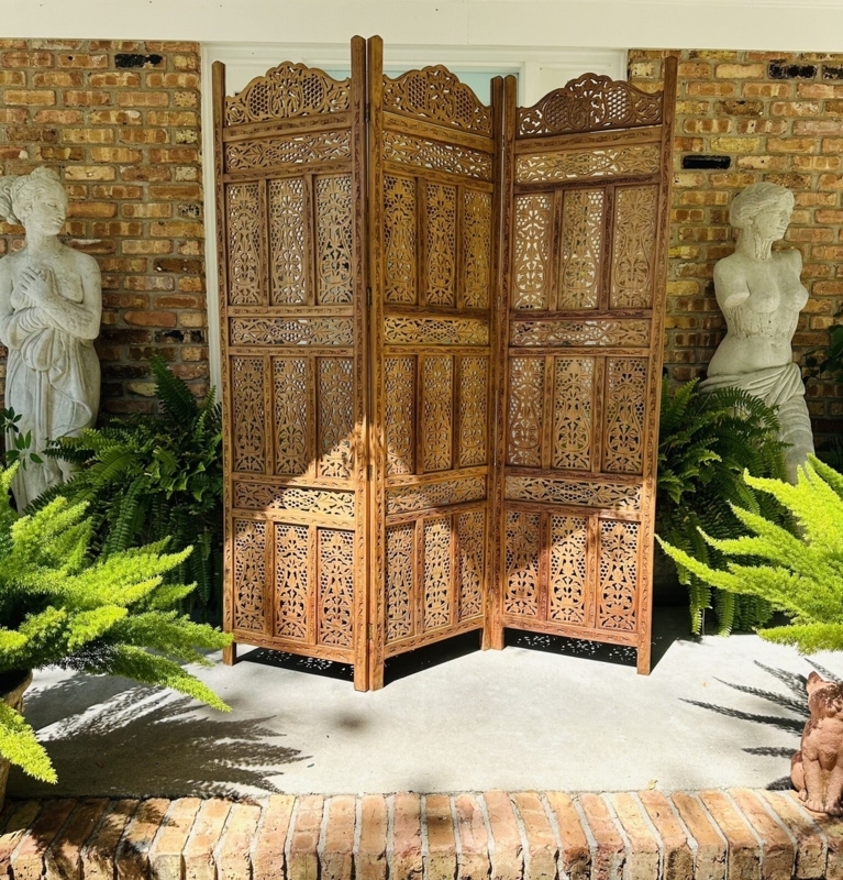 Carved Wood Room Divider Floral Fretwork Three Panel Partition