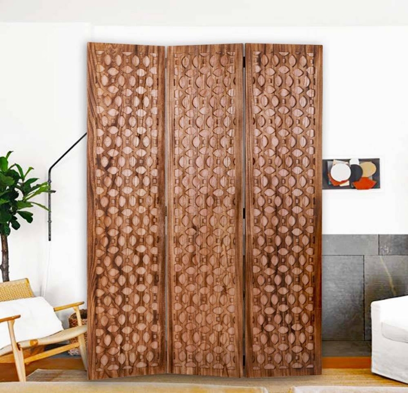 Carved Wood Screen Brown Finish Intricate Leaf Pattern Cutouts